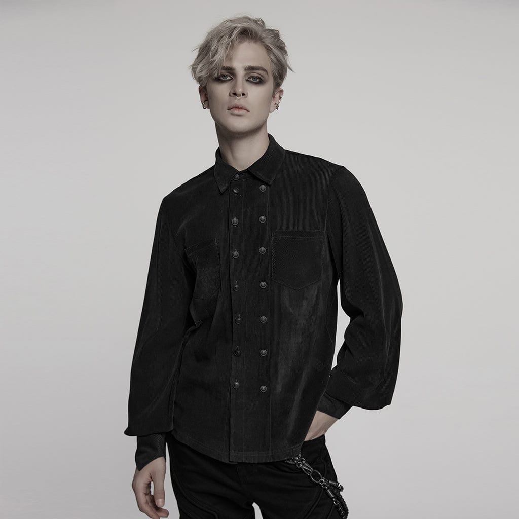 PUNK RAVE Men's Gothic Double-breasted Puff Sleeved Shirt Black
