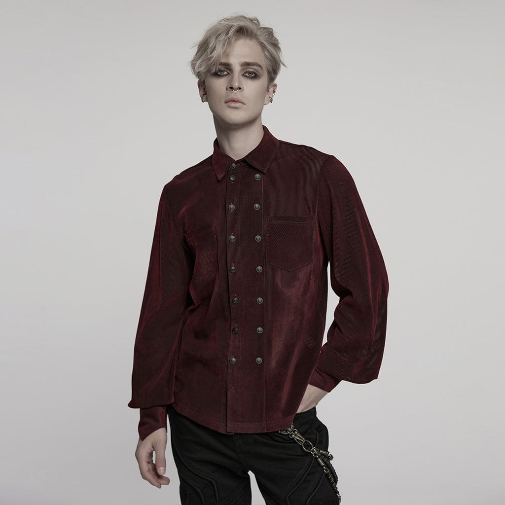 PUNK RAVE Men's Gothic Double-breasted Puff Sleeved Shirt Red