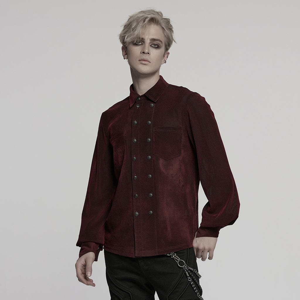 PUNK RAVE Men's Gothic Double-breasted Puff Sleeved Shirt Red