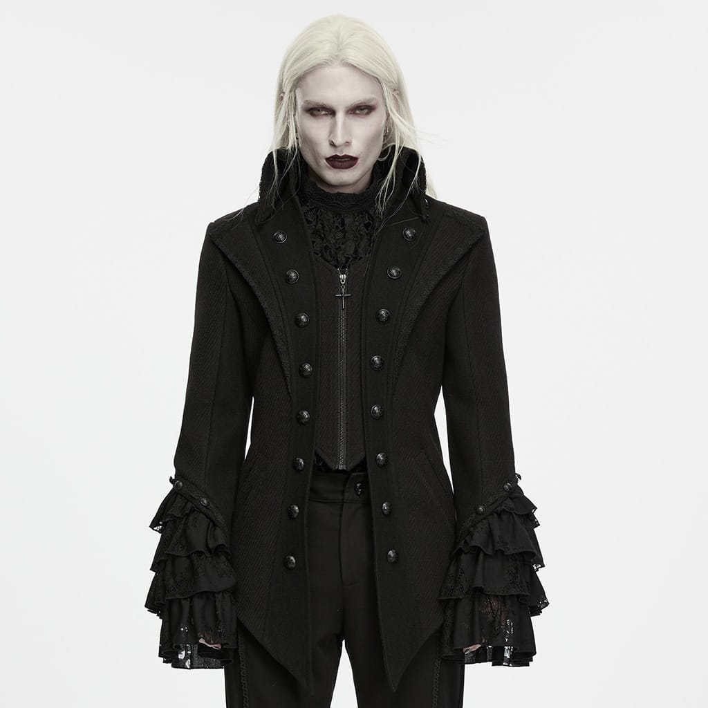 PUNK RAVE Men's Gothic Embossed Button Decor Lapel Ruffled Cuff Jacket