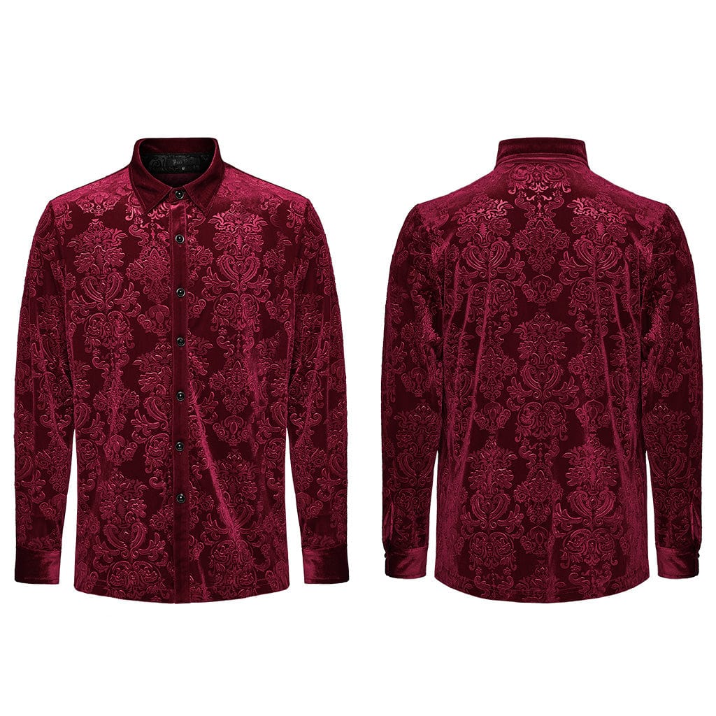 PUNK RAVE Men's Gothic Embossed Velvet Shirt Red