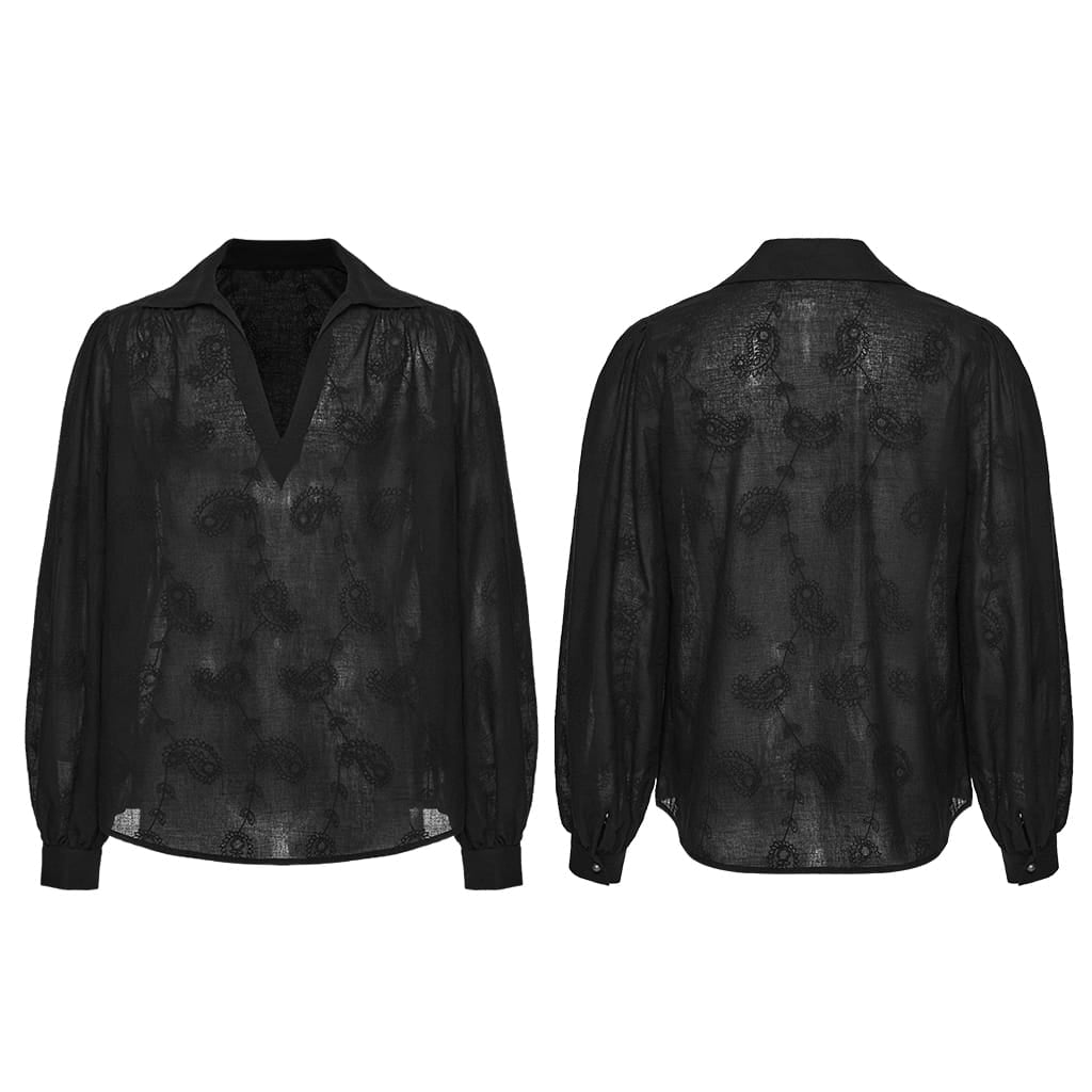 PUNK RAVE Men's Gothic Embroidered Plunging Loose Shirt Black