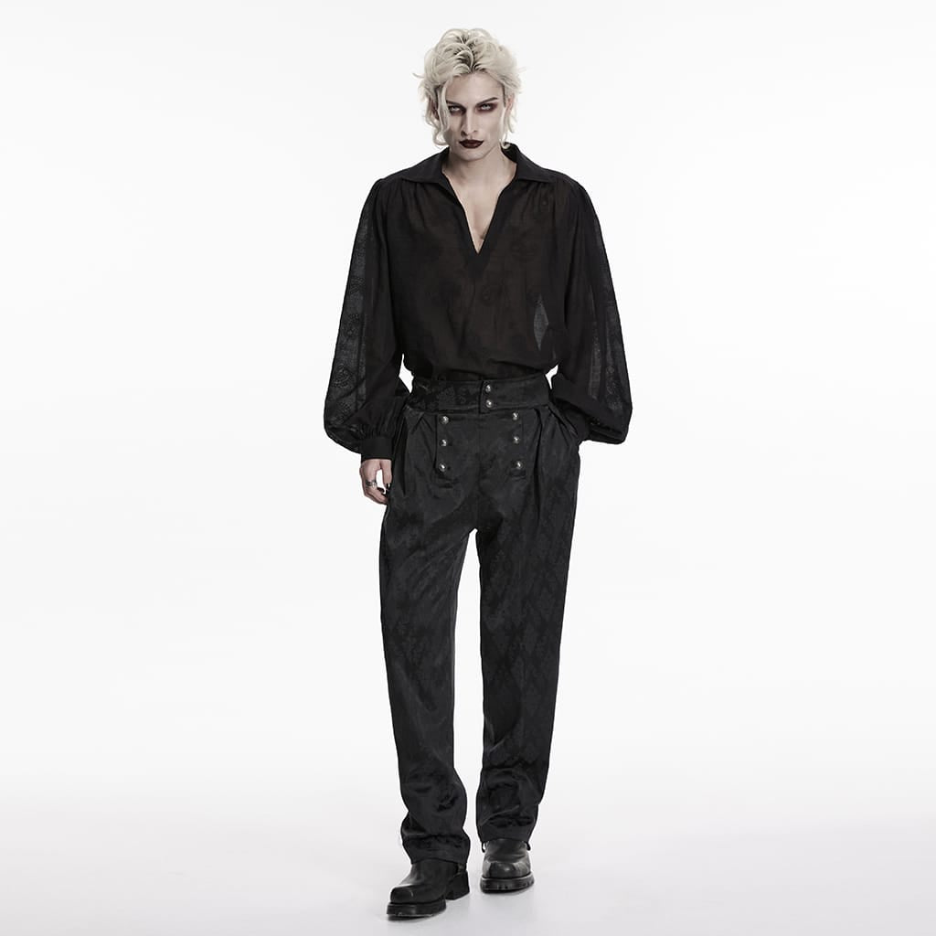 PUNK RAVE Men's Gothic Embroidered Plunging Loose Shirt Black