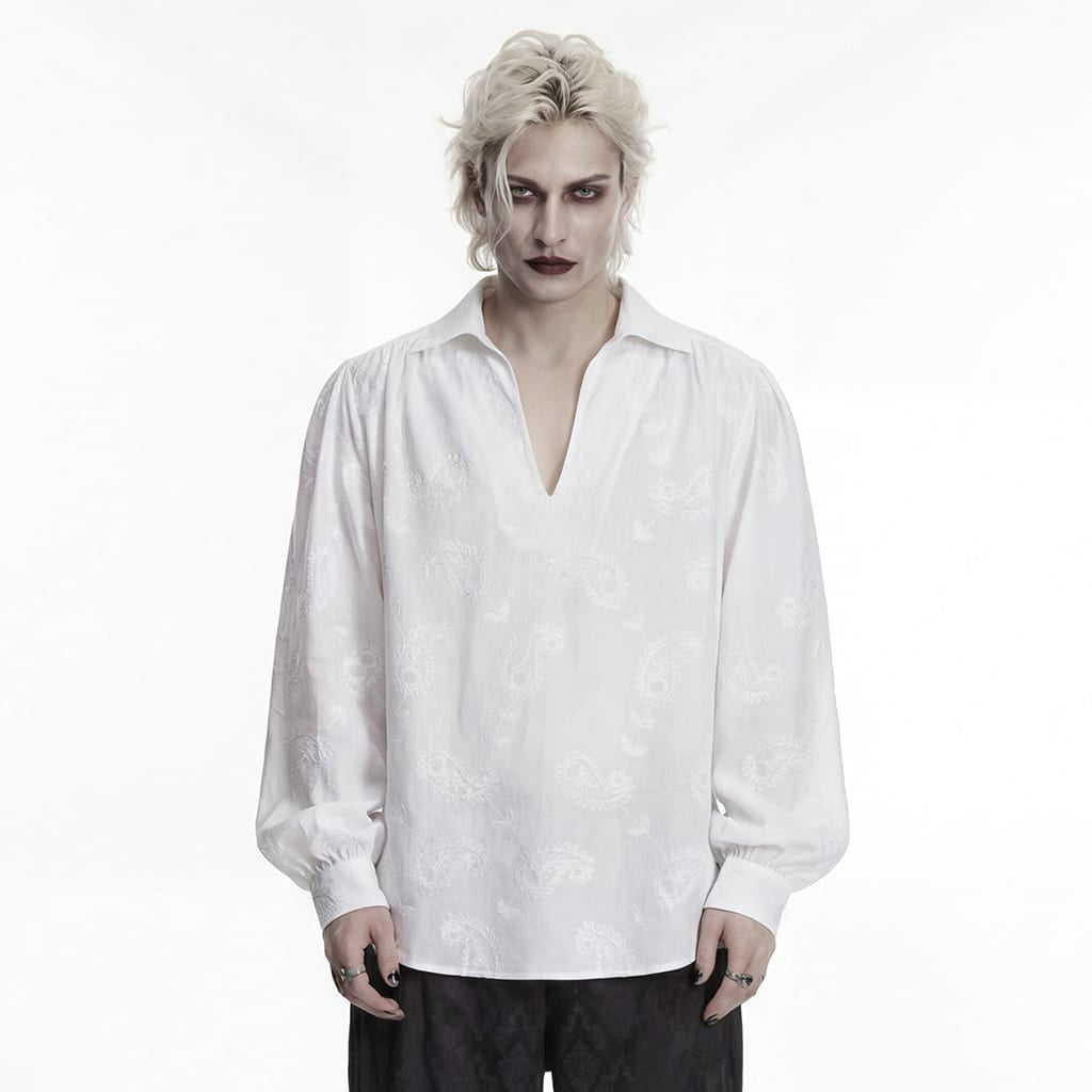PUNK RAVE Men's Gothic Embroidered Plunging Loose Shirt White