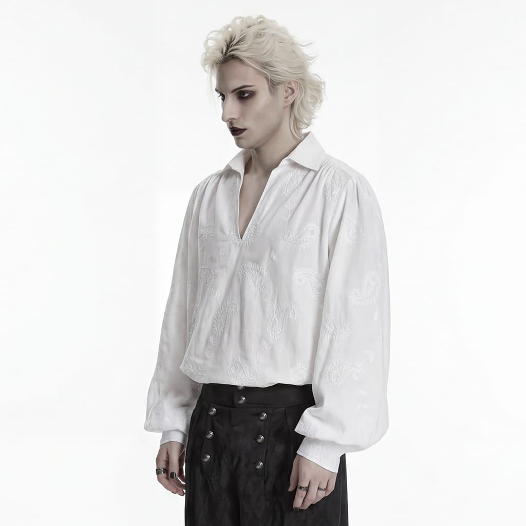 PUNK RAVE Men's Gothic Embroidered Plunging Loose Shirt White