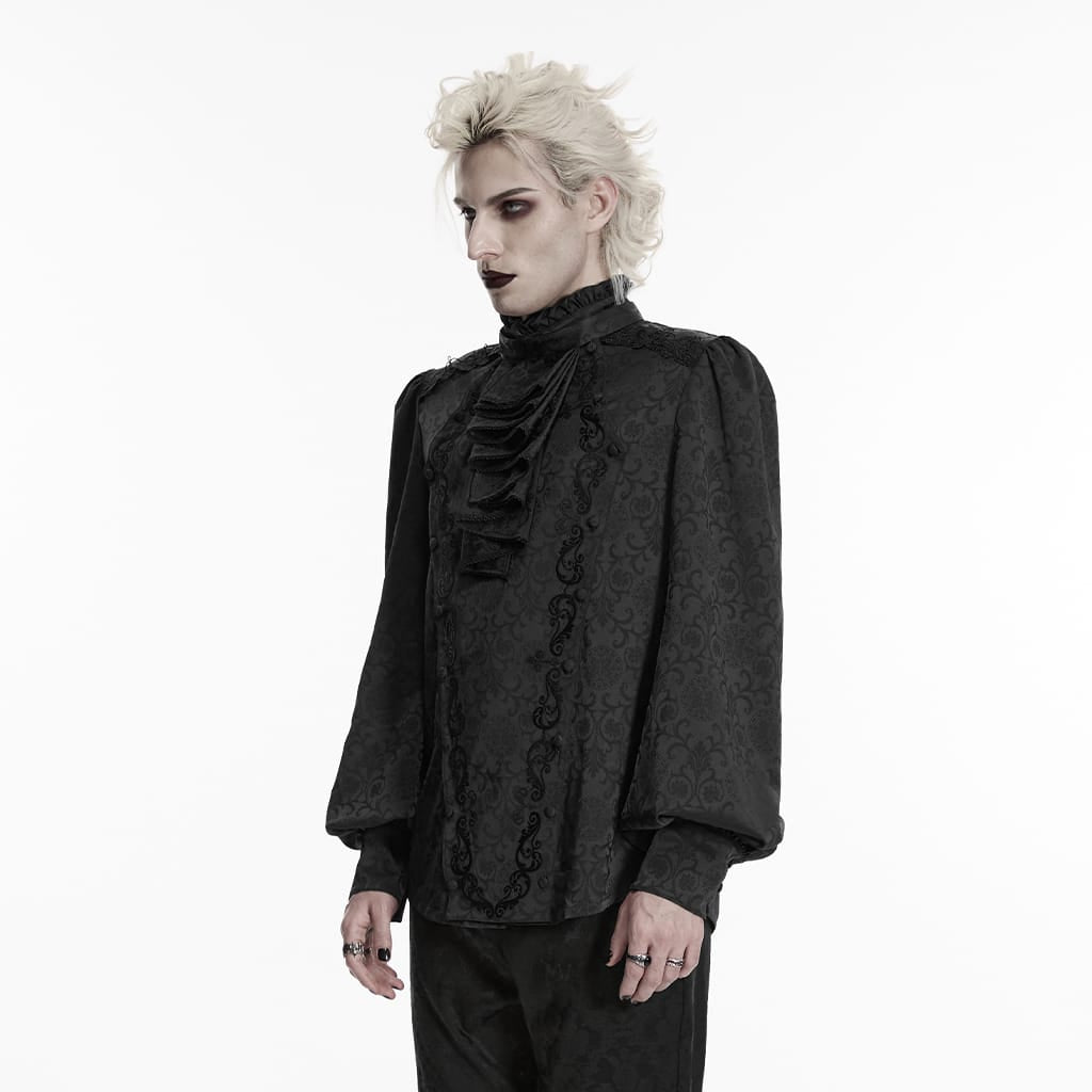 PUNK RAVE Men's Gothic Embroidered Stand Collar Shirt with Detachable Tie Black