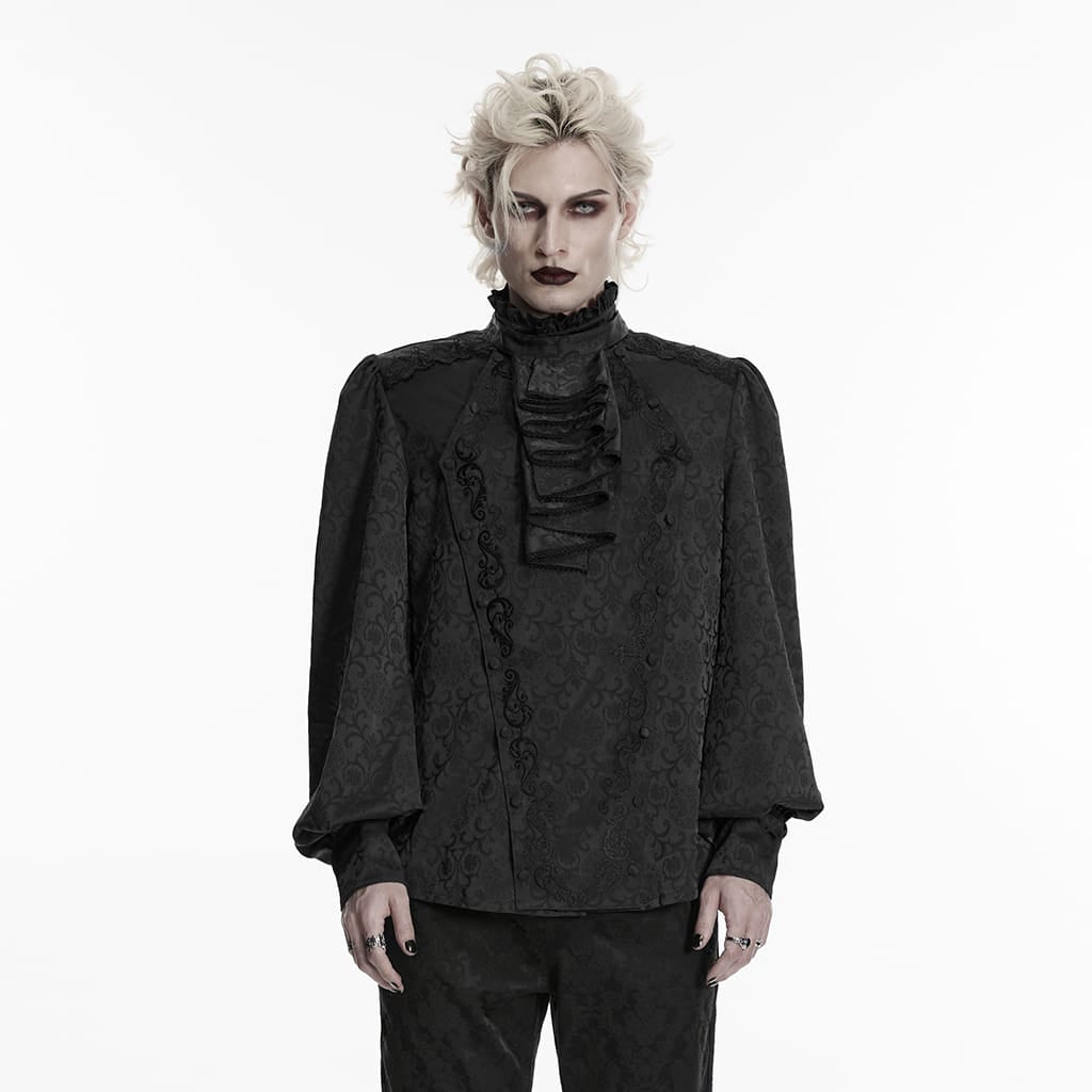 PUNK RAVE Men's Gothic Embroidered Stand Collar Shirt with Detachable Tie Black