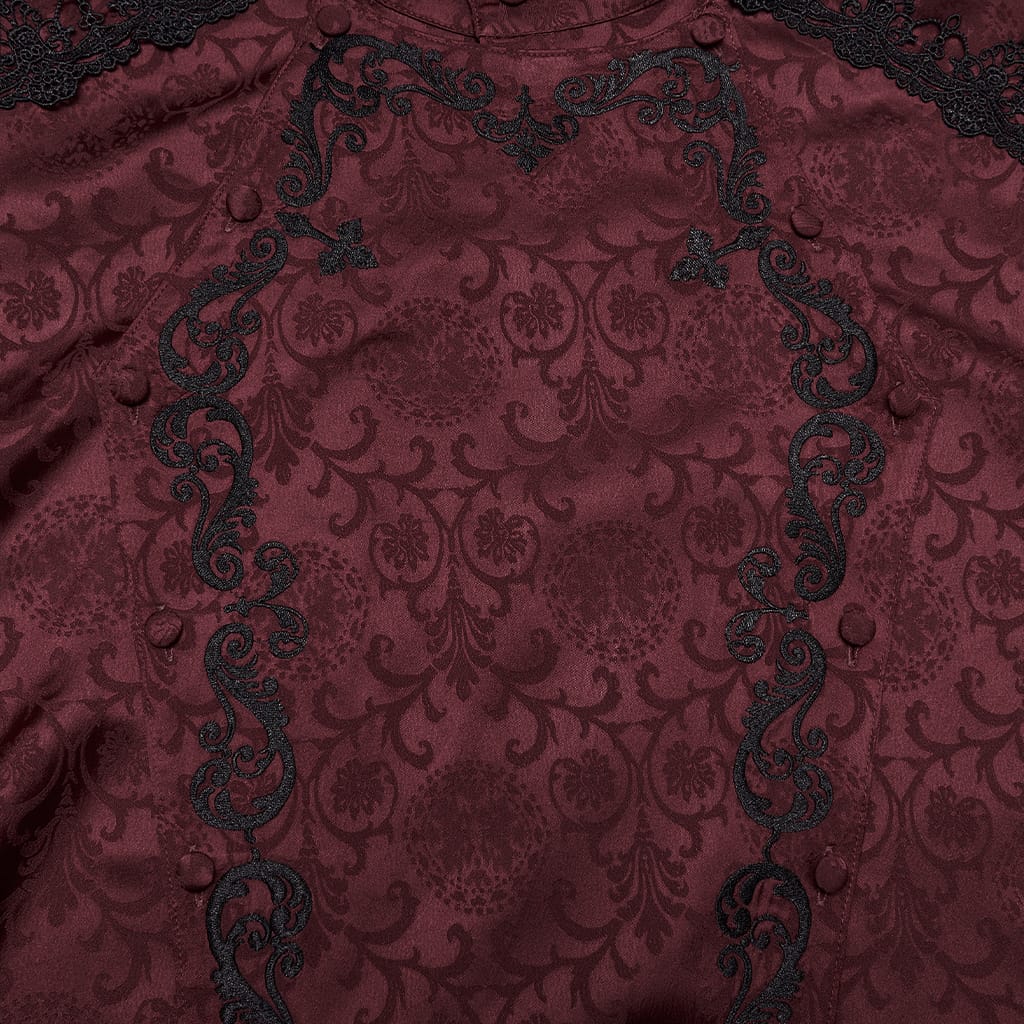 PUNK RAVE Men's Gothic Embroidered Stand Collar Shirt with Detachable Tie Red
