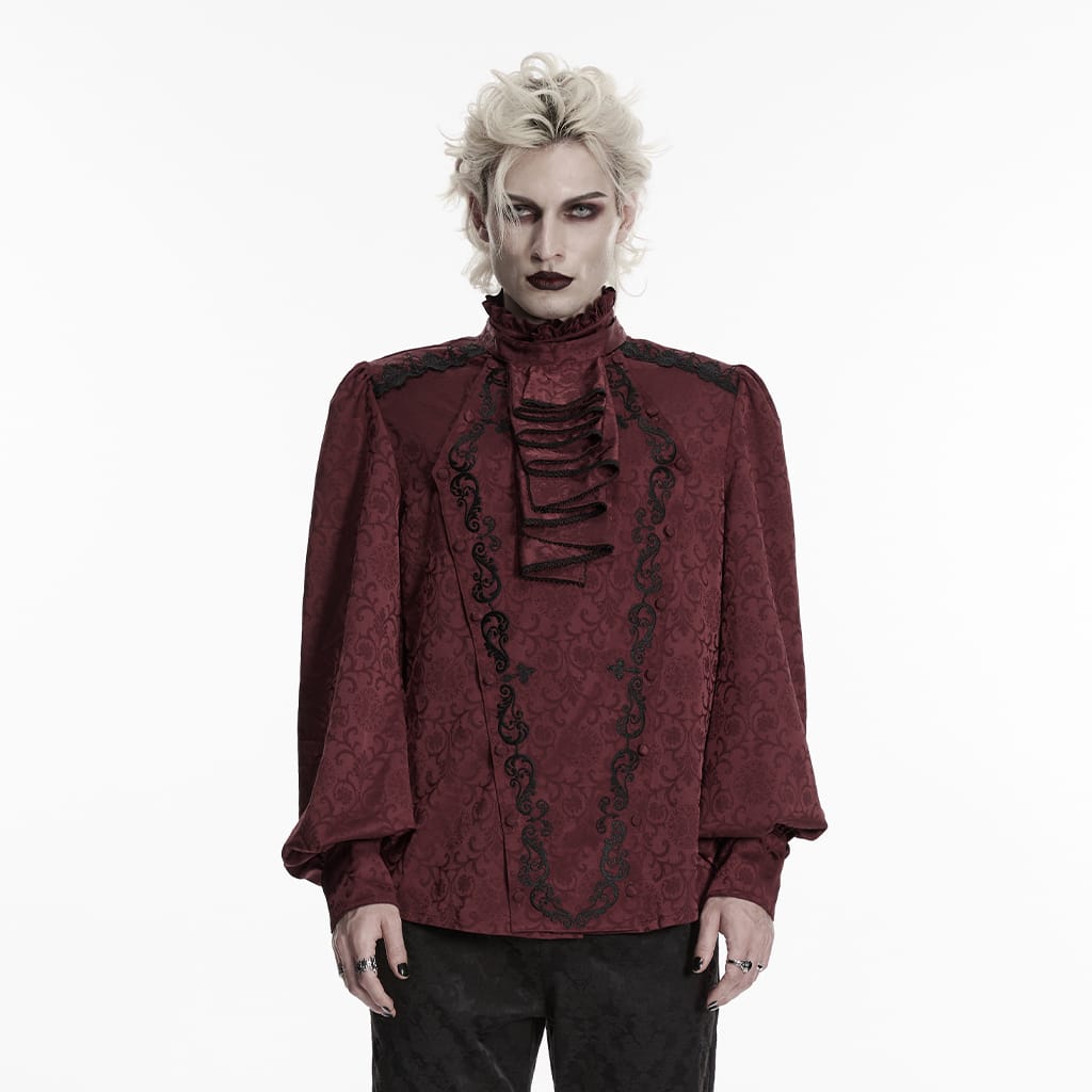 PUNK RAVE Men's Gothic Embroidered Stand Collar Shirt with Detachable Tie Red