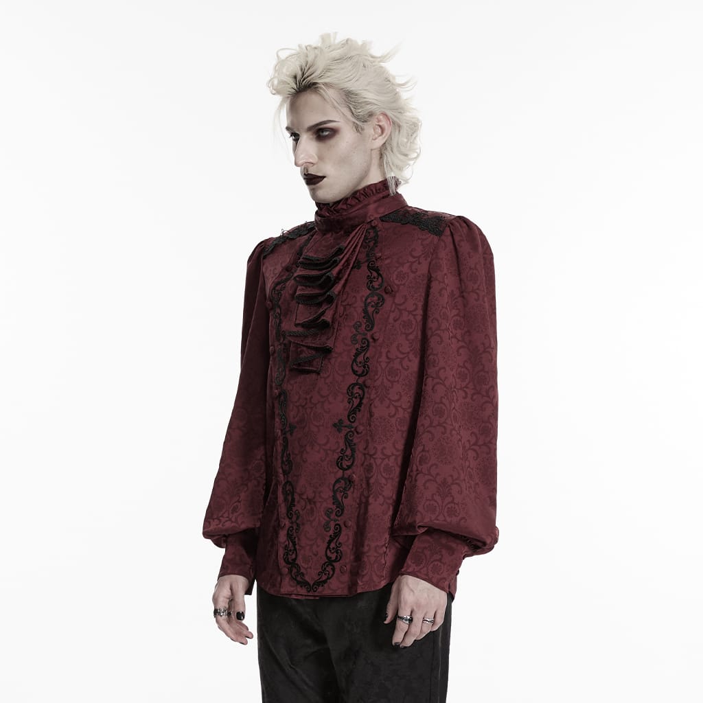 PUNK RAVE Men's Gothic Embroidered Stand Collar Shirt with Detachable Tie Red