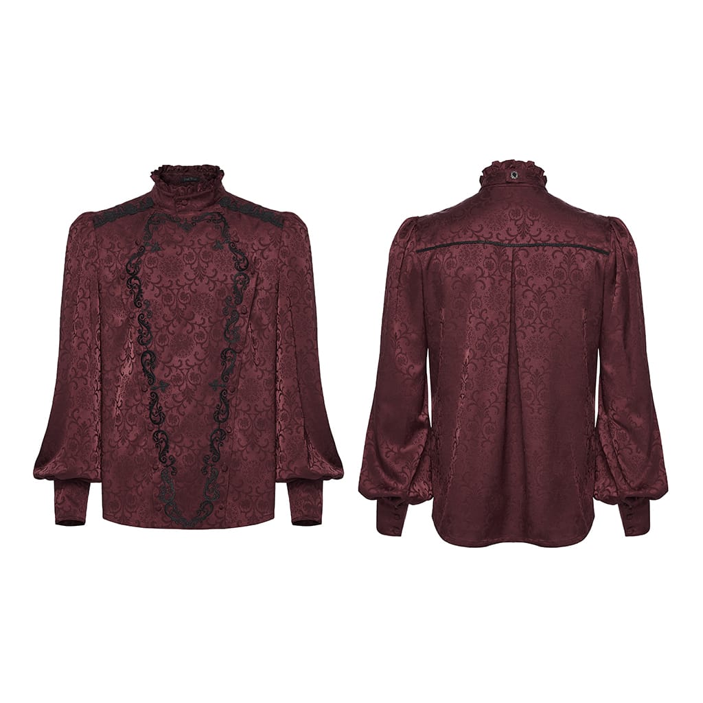 PUNK RAVE Men's Gothic Embroidered Stand Collar Shirt with Detachable Tie Red