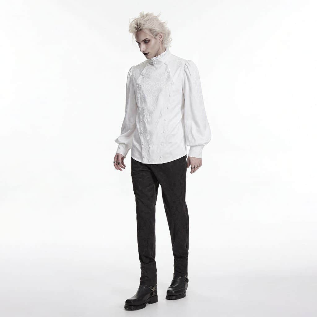 PUNK RAVE Men's Gothic Embroidered Stand Collar Shirt with Detachable Tie White