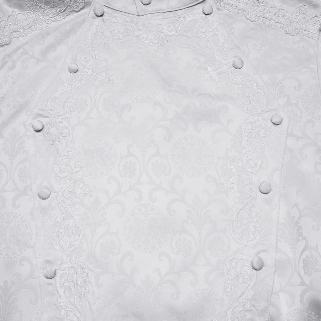 PUNK RAVE Men's Gothic Embroidered Stand Collar Shirt with Detachable Tie White