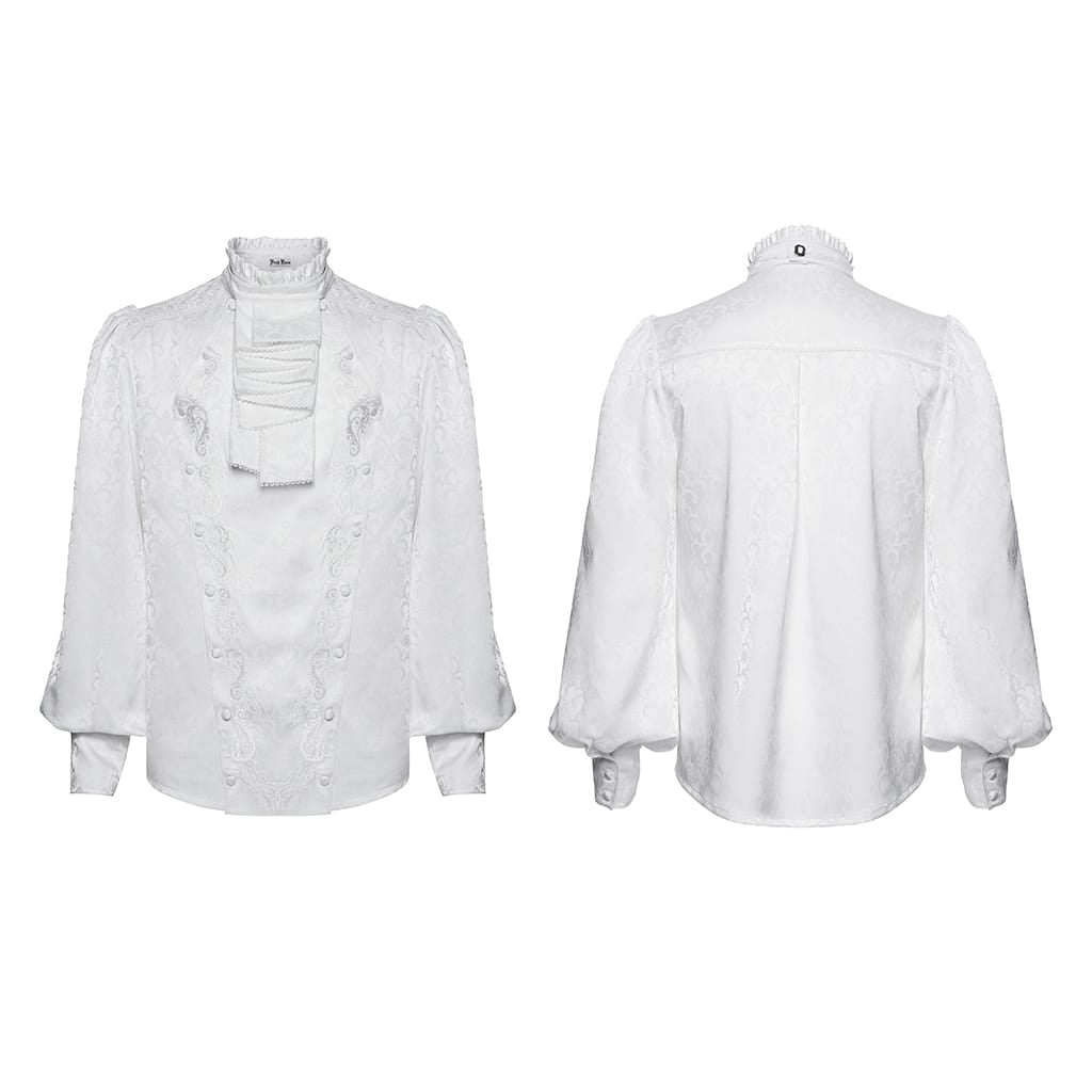 PUNK RAVE Men's Gothic Embroidered Stand Collar Shirt with Detachable Tie White