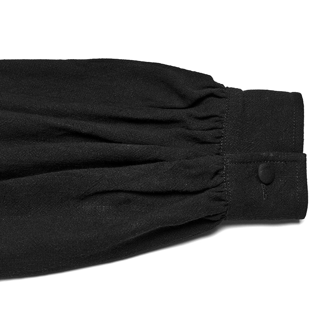 PUNK RAVE Men's Gothic Floral Decal Stand Collar Lantern Sleeved Shirt Black