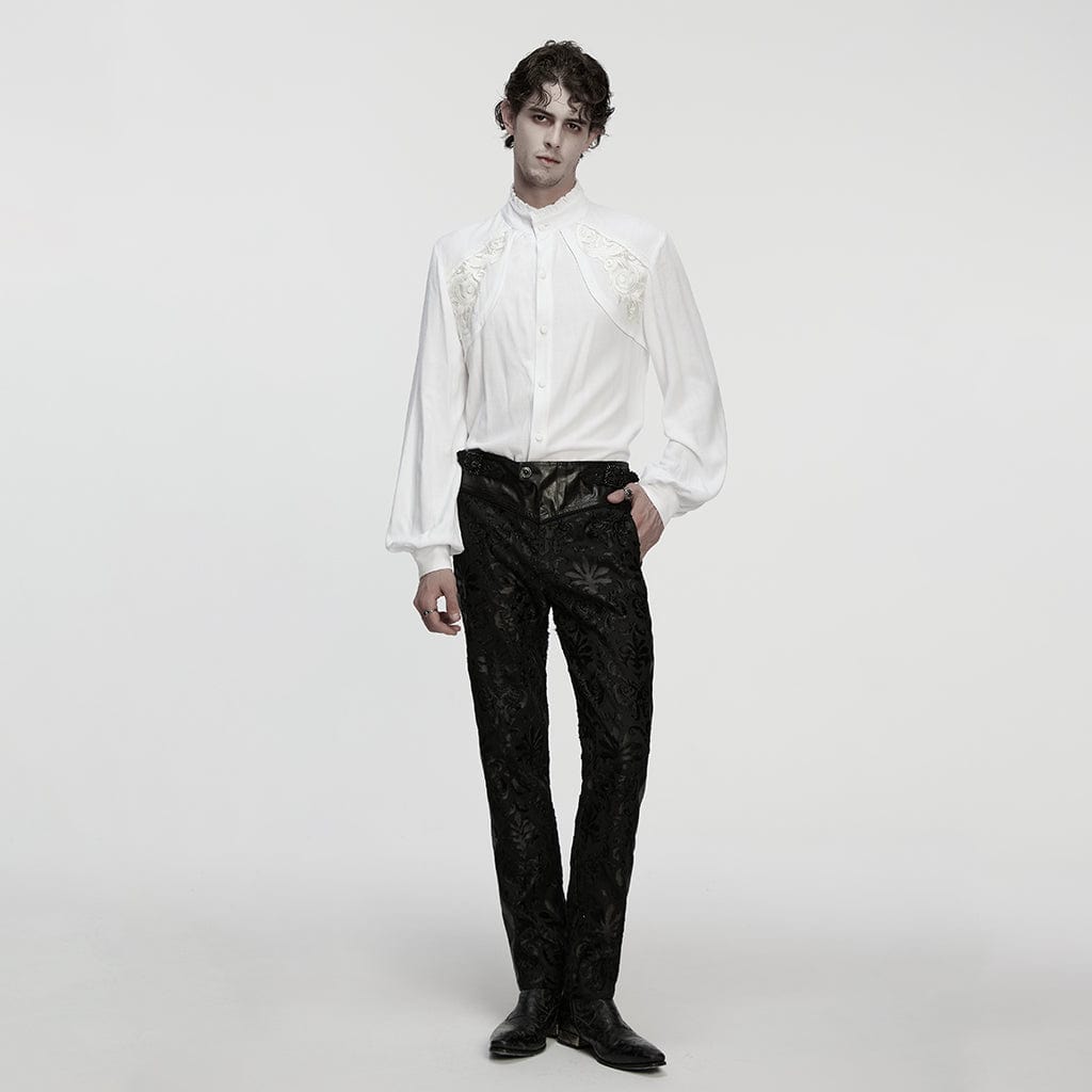 PUNK RAVE Men's Gothic Floral Decal Stand Collar Lantern Sleeved Shirt White