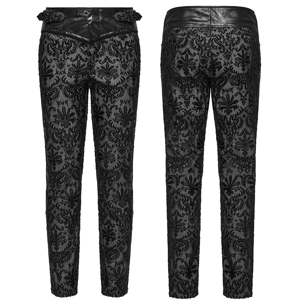 PUNK RAVE Men's Gothic Floral Embroidered Buckle Pants