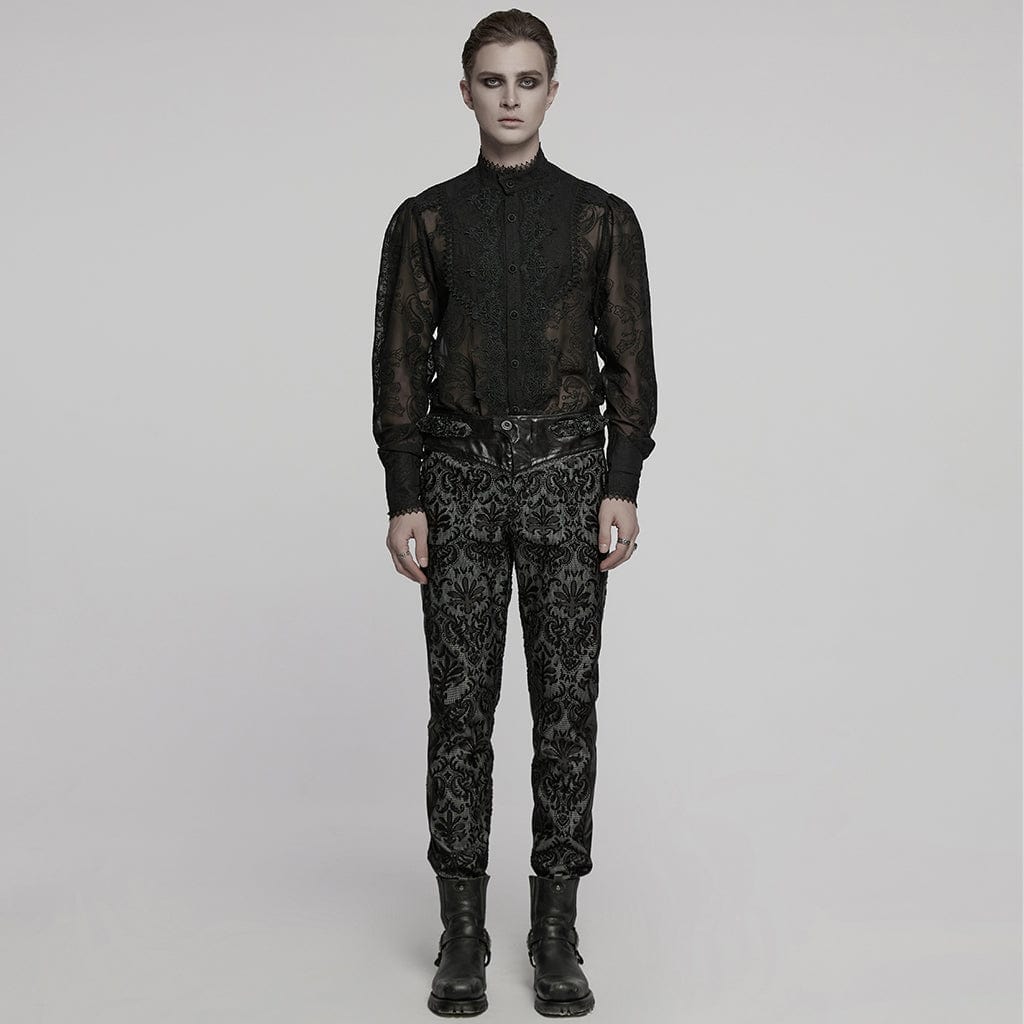 PUNK RAVE Men's Gothic Floral Embroidered Buckle Pants