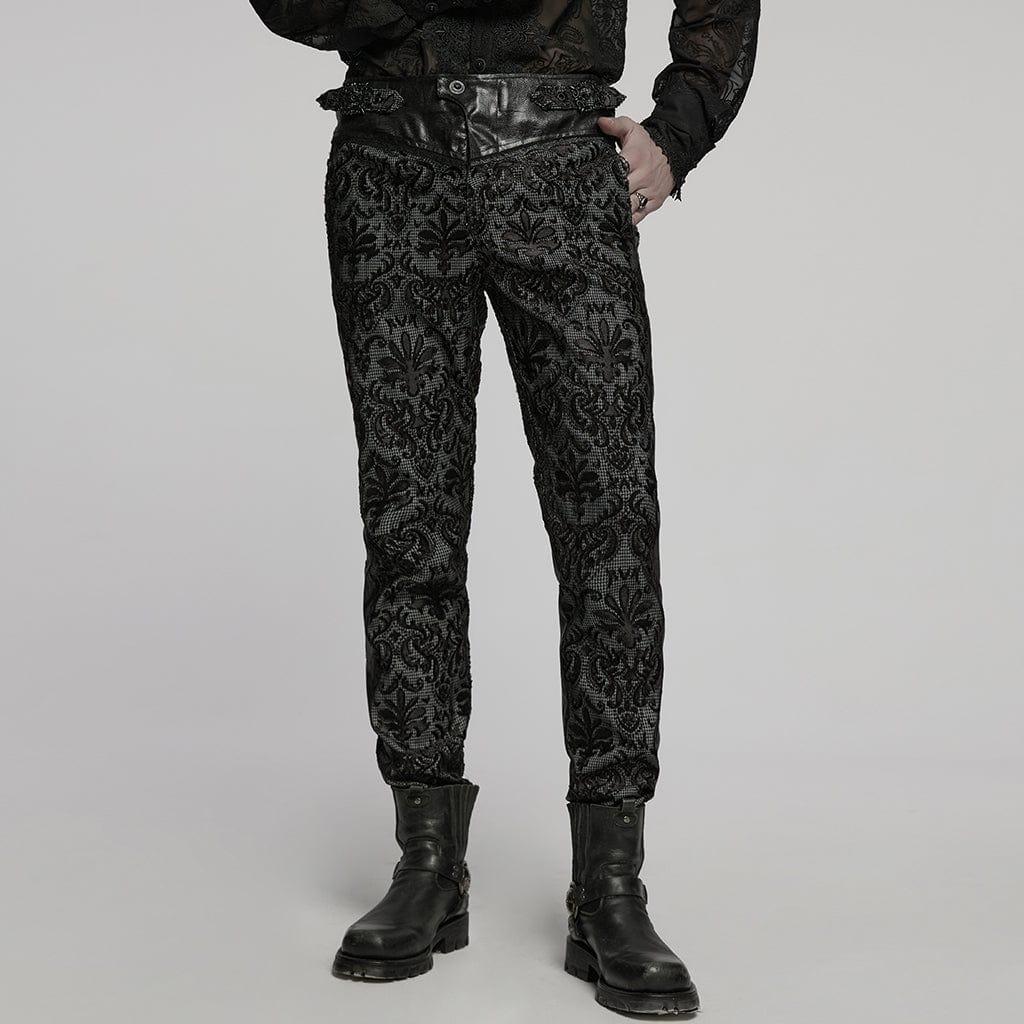 PUNK RAVE Men's Gothic Floral Embroidered Buckle Pants