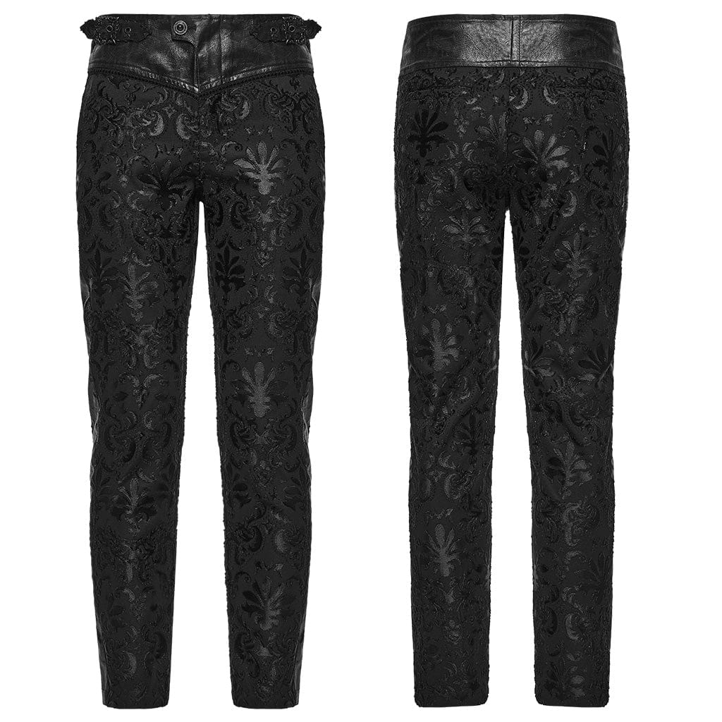 PUNK RAVE Men's Gothic Floral Embroidered Buckle Strap Pants