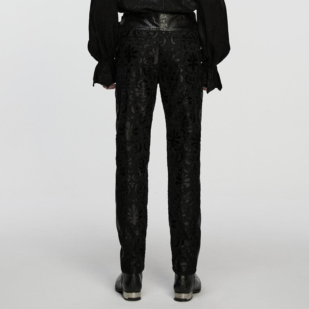 PUNK RAVE Men's Gothic Floral Embroidered Buckle Strap Pants