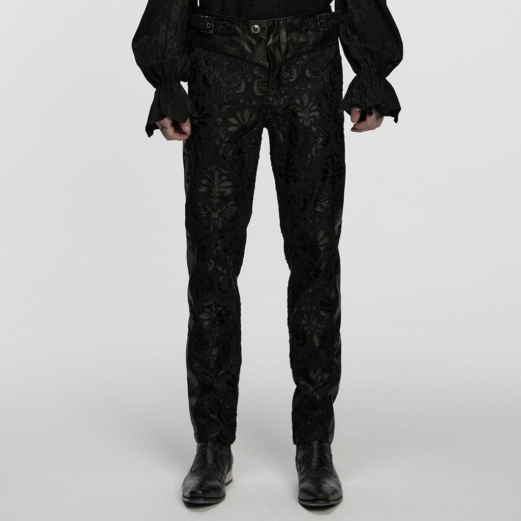 PUNK RAVE Men's Gothic Floral Embroidered Buckle Strap Pants