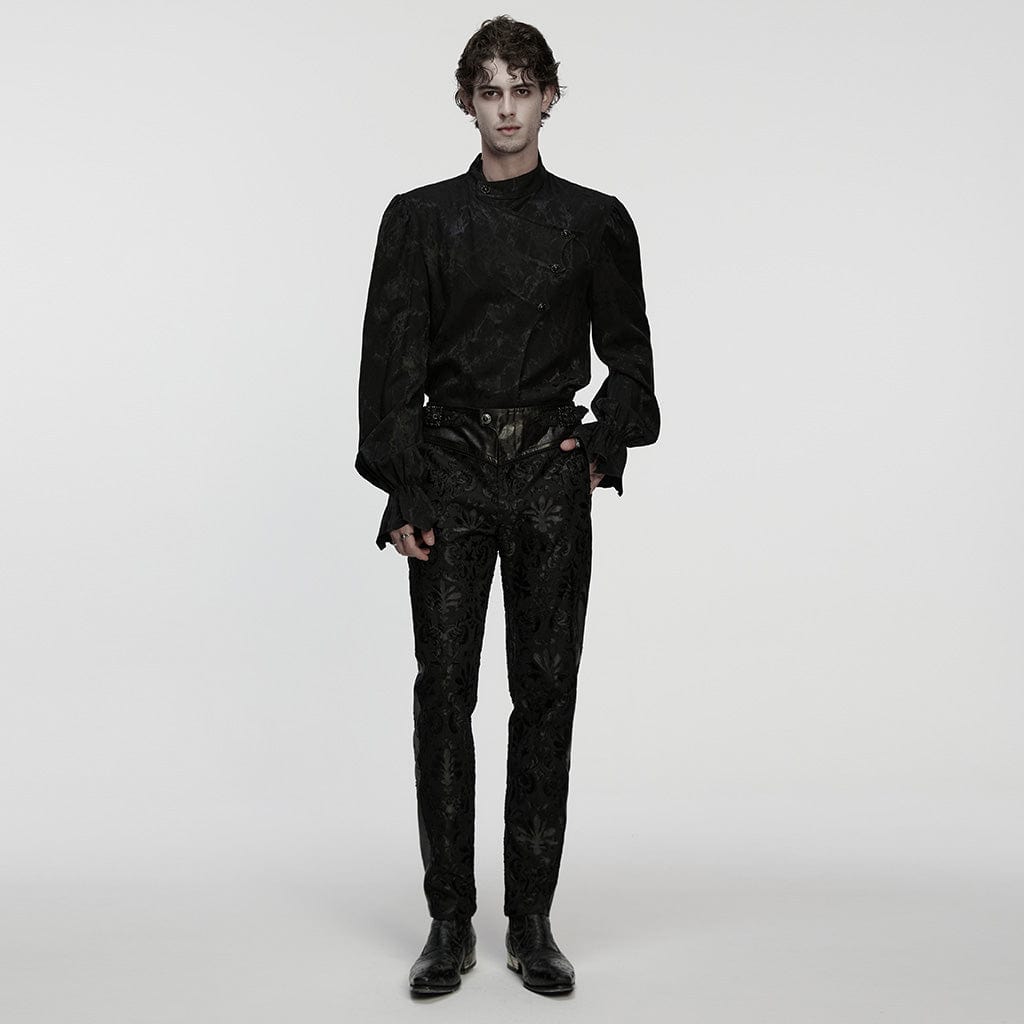 PUNK RAVE Men's Gothic Floral Embroidered Buckle Strap Pants