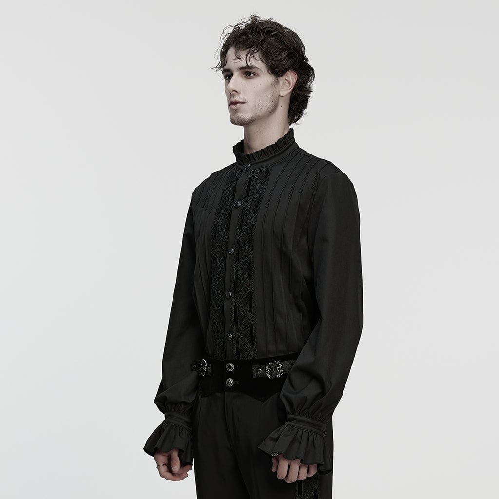 PUNK RAVE Men's Gothic Floral Embroidered Pleated Ruffled Stand Collar Shirt Black