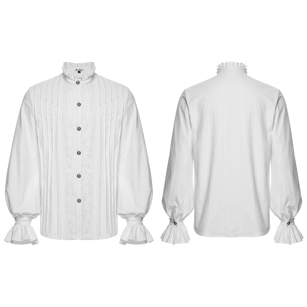 PUNK RAVE Men's Gothic Floral Embroidered Pleated Ruffled Stand Collar Shirt White