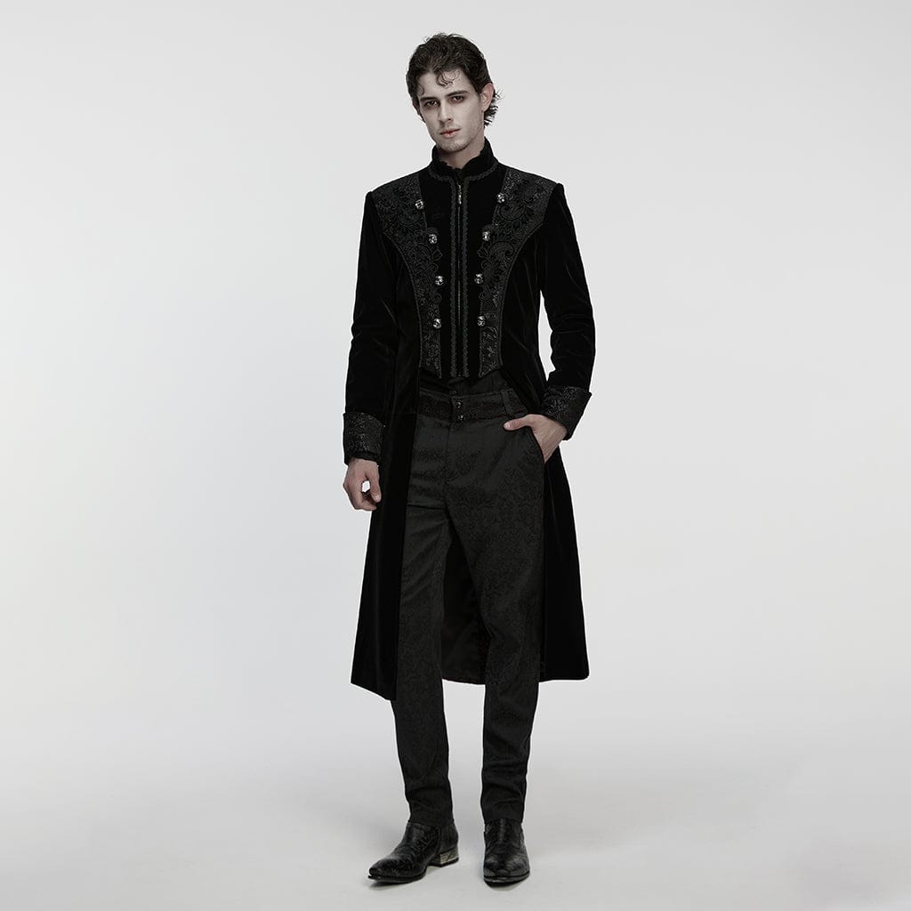 PUNK RAVE Men's Gothic Floral Jacquard Bouble-breasted Zip Coat Black