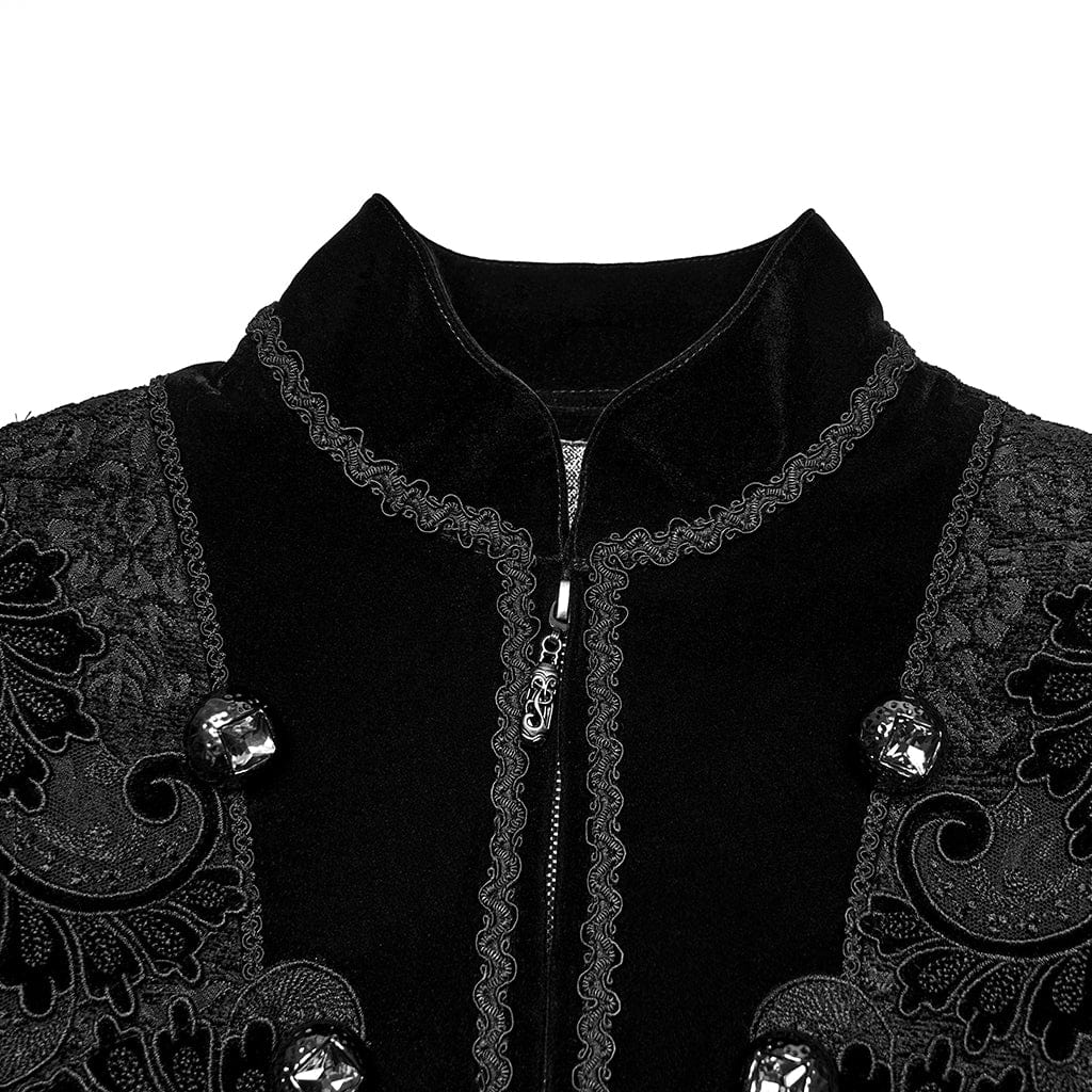 PUNK RAVE Men's Gothic Floral Jacquard Bouble-breasted Zip Coat Black
