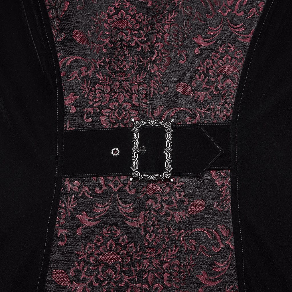 PUNK RAVE Men's Gothic Floral Jacquard Bouble-breasted Zip Coat Black-Red