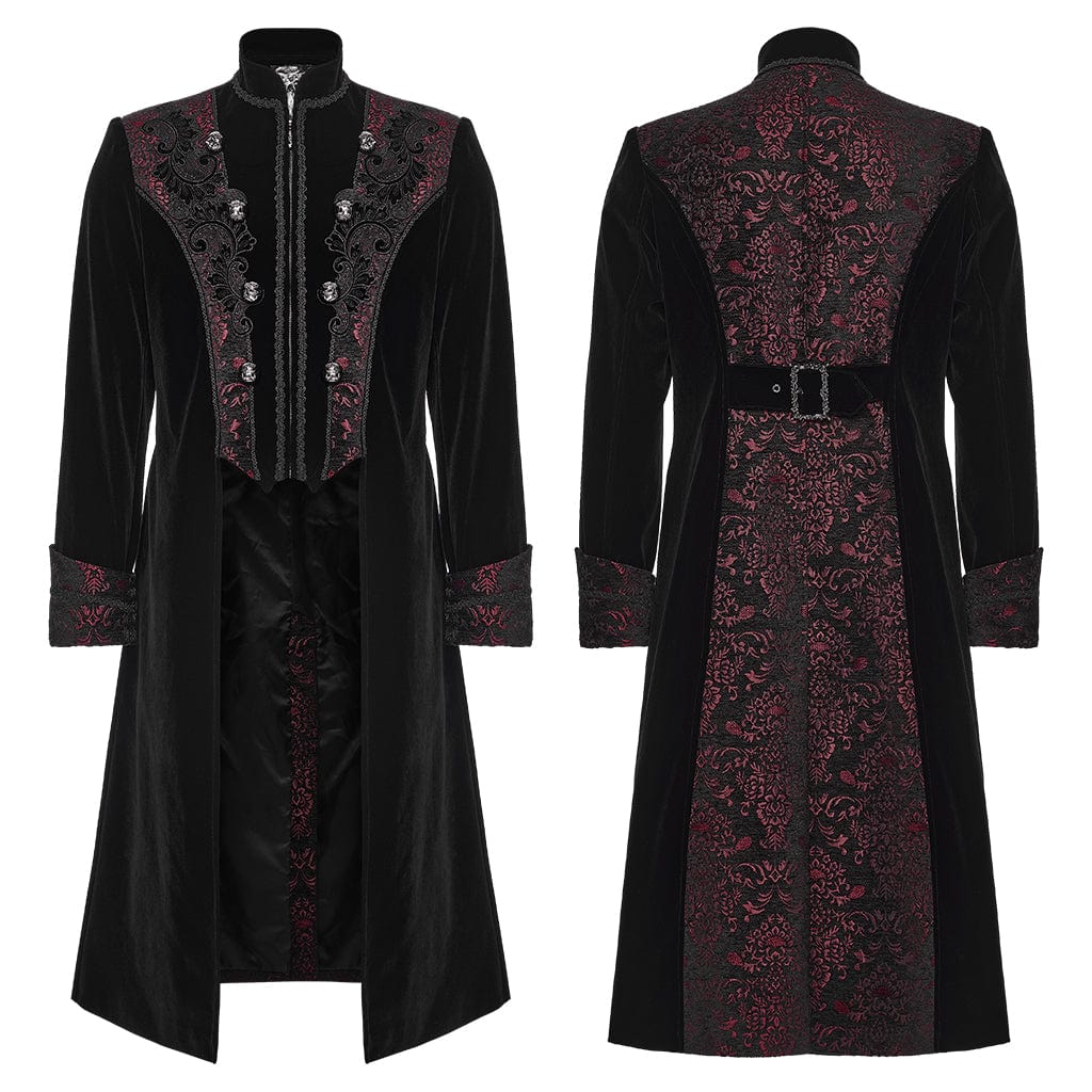 PUNK RAVE Men's Gothic Floral Jacquard Bouble-breasted Zip Coat Black-Red