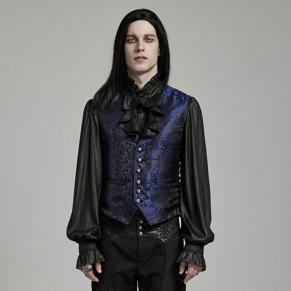 PUNK RAVE Men's Gothic Floral Jacquard Lace-up Black Blue Vest