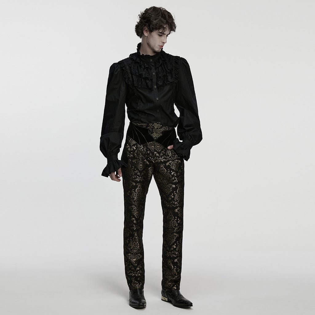 PUNK RAVE Men's Gothic Floral Jacquard Pants Black-Golden