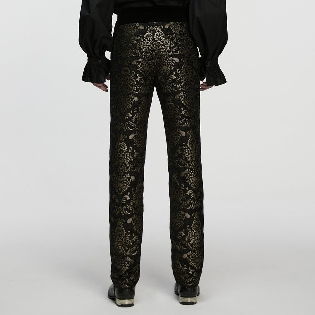 PUNK RAVE Men's Gothic Floral Jacquard Pants Black-Golden