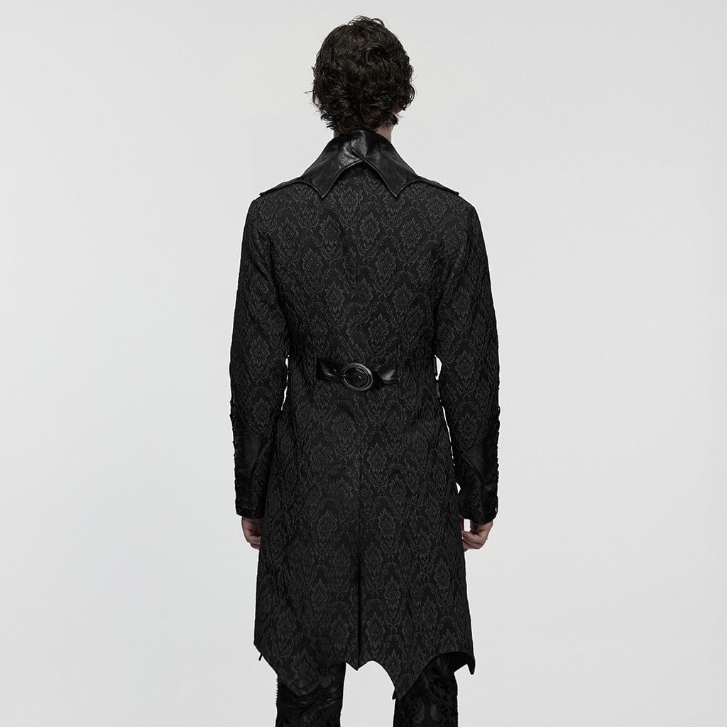 PUNK RAVE Men's Gothic Floral Jacquard Turn-down Bat Collar Coat Black