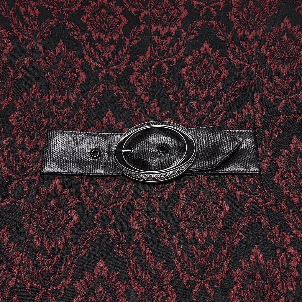 PUNK RAVE Men's Gothic Floral Jacquard Turn-down Bat Collar Coat Black-Red