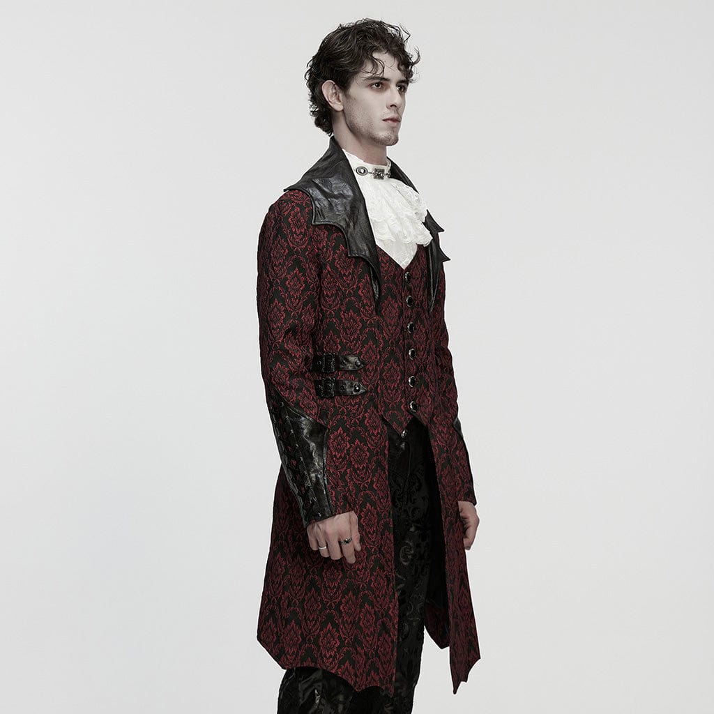 PUNK RAVE Men's Gothic Floral Jacquard Turn-down Bat Collar Coat Black-Red