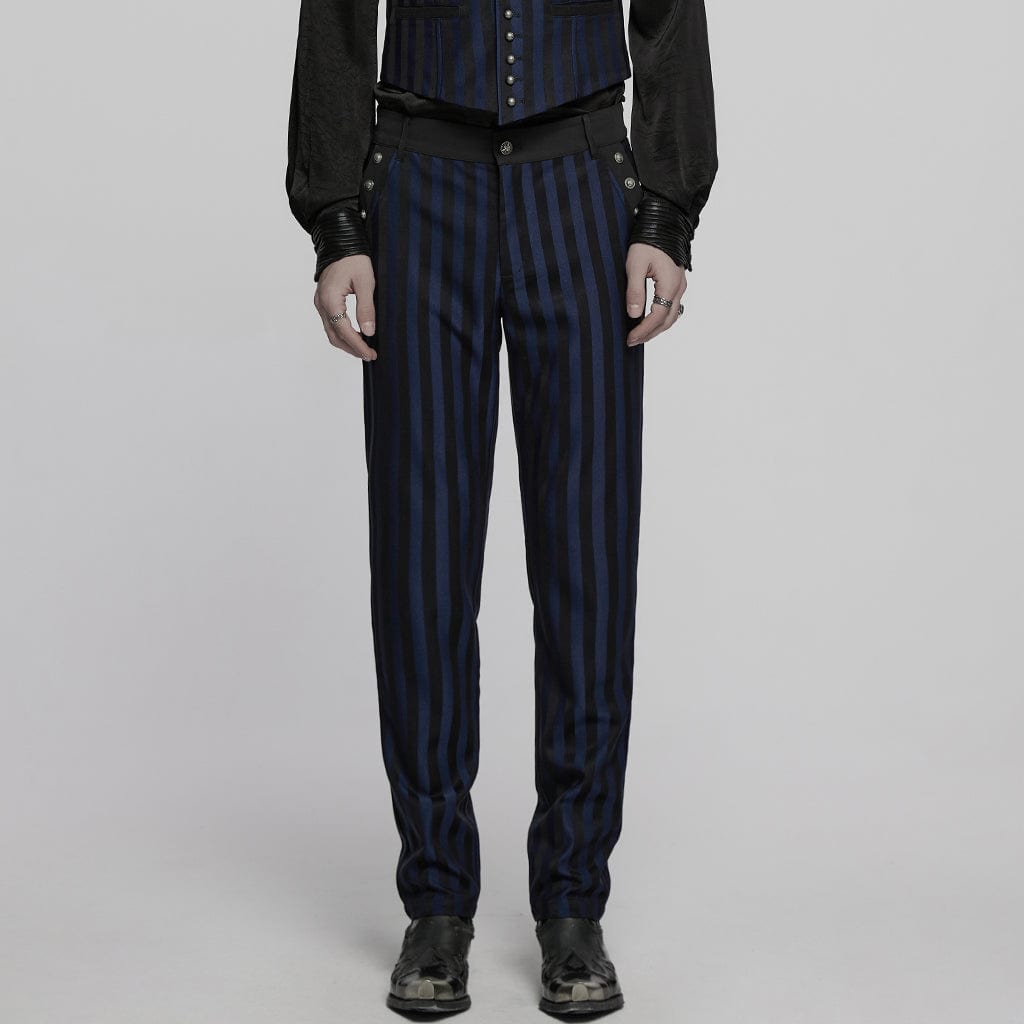 PUNK RAVE Men's Gothic High-waisted Striped Suit Pants Blue
