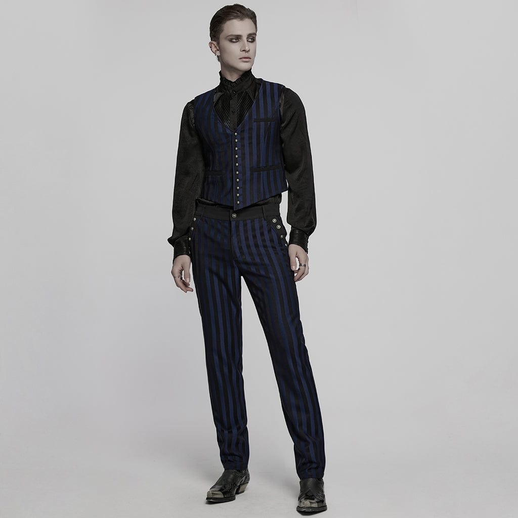 PUNK RAVE Men's Gothic High-waisted Striped Suit Pants Blue