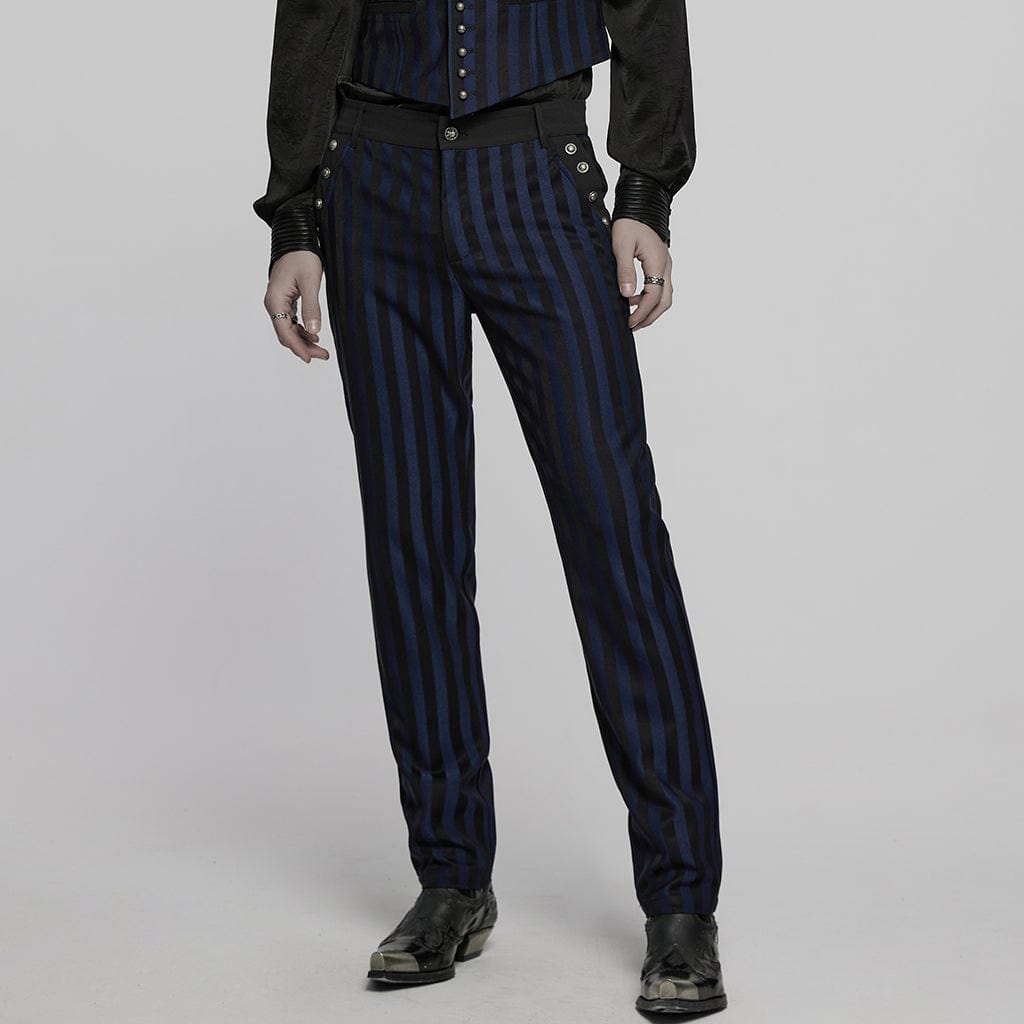 PUNK RAVE Men's Gothic High-waisted Striped Suit Pants Blue