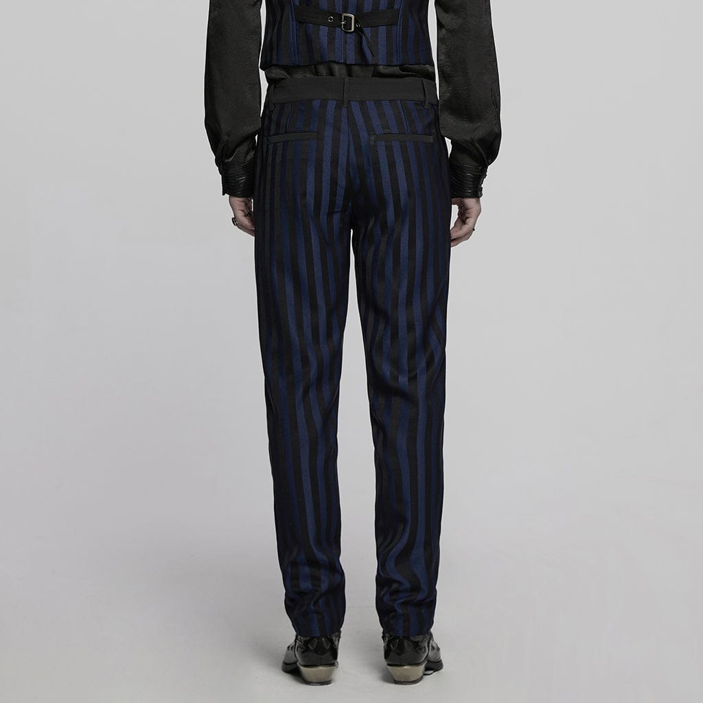 PUNK RAVE Men's Gothic High-waisted Striped Suit Pants Blue