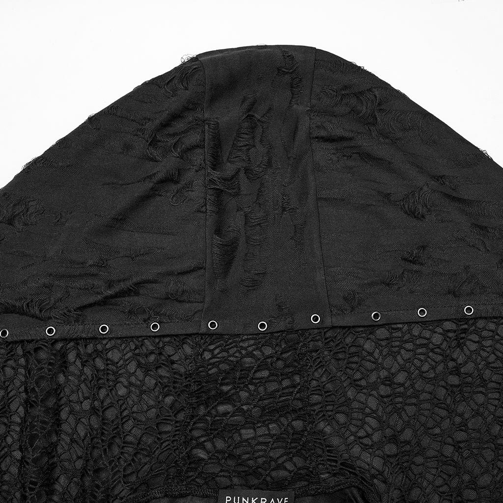 PUNK RAVE Men's Gothic Irregular Ripped Mesh Splice Hooded Coat