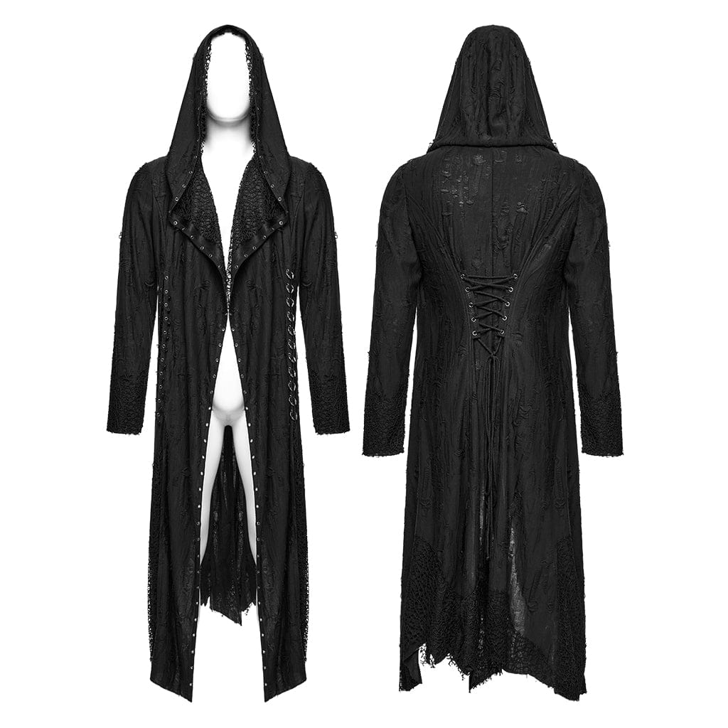 PUNK RAVE Men's Gothic Irregular Ripped Mesh Splice Hooded Coat