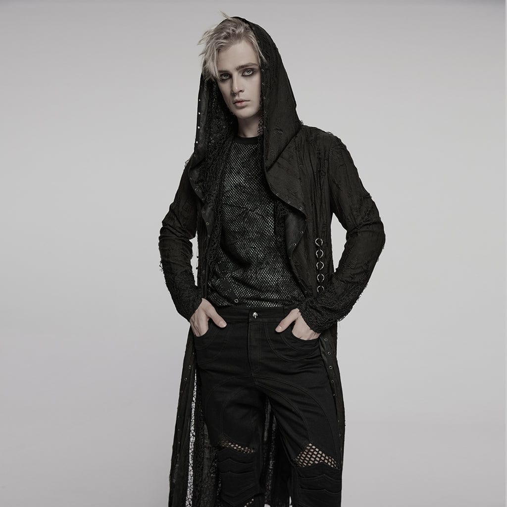 PUNK RAVE Men's Gothic Irregular Ripped Mesh Splice Hooded Coat