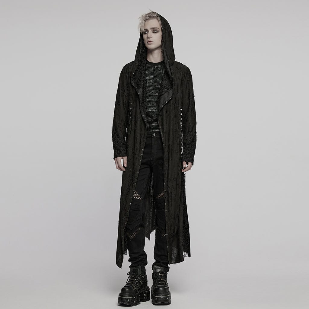 PUNK RAVE Men's Gothic Irregular Ripped Mesh Splice Hooded Coat