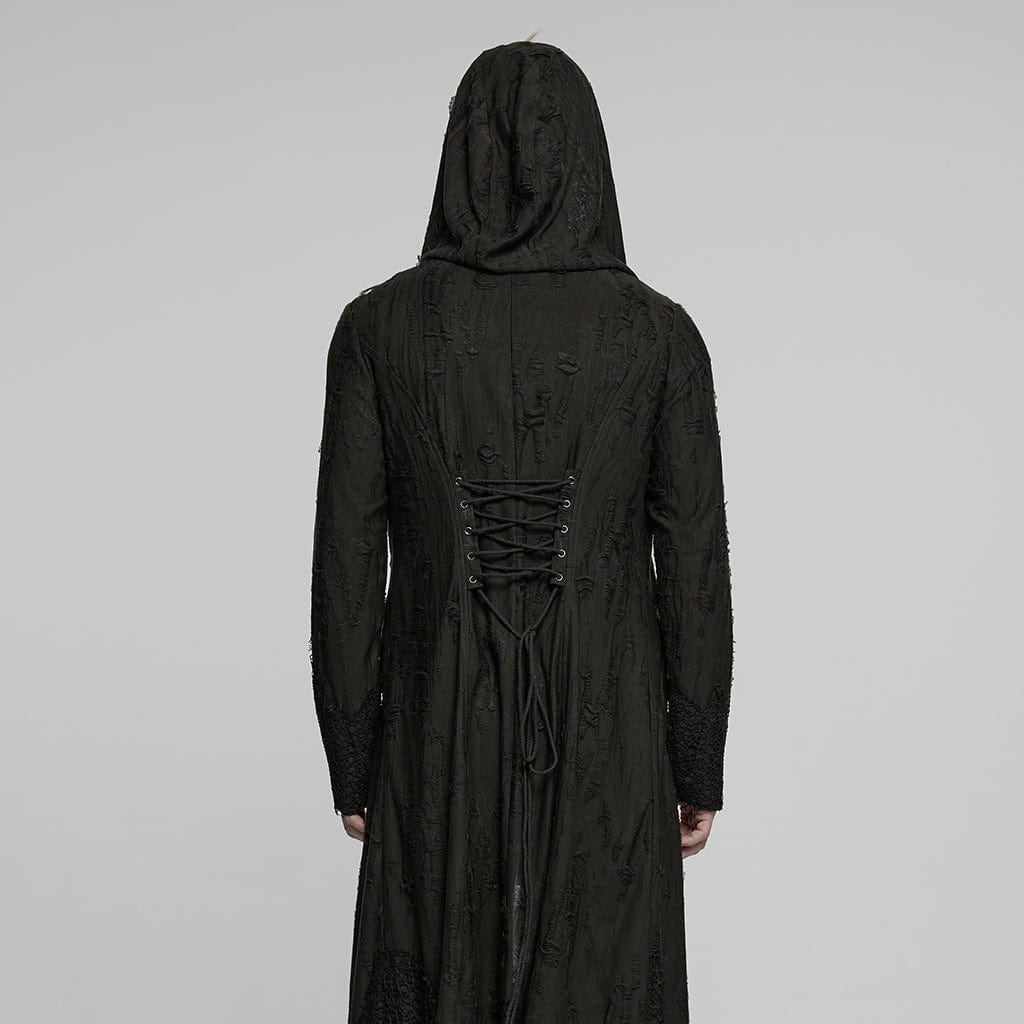 PUNK RAVE Men's Gothic Irregular Ripped Mesh Splice Hooded Coat