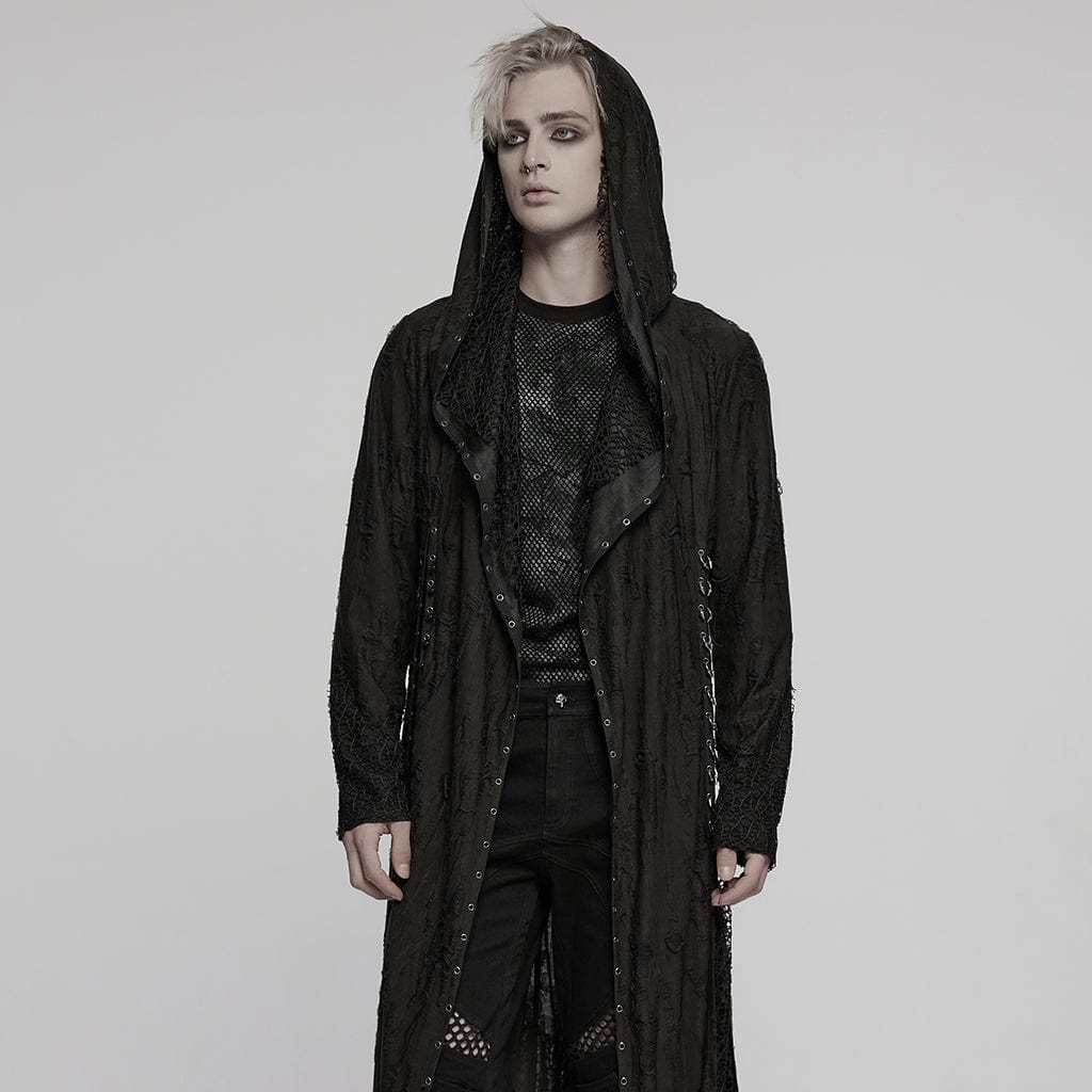 PUNK RAVE Men's Gothic Irregular Ripped Mesh Splice Hooded Coat