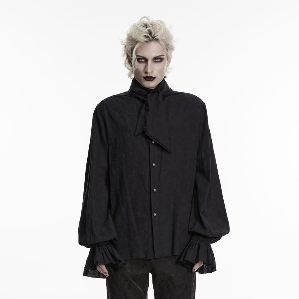 PUNK RAVE Men's Gothic Jacquard Bishop Sleeved Shirt with Detachable Tie Black